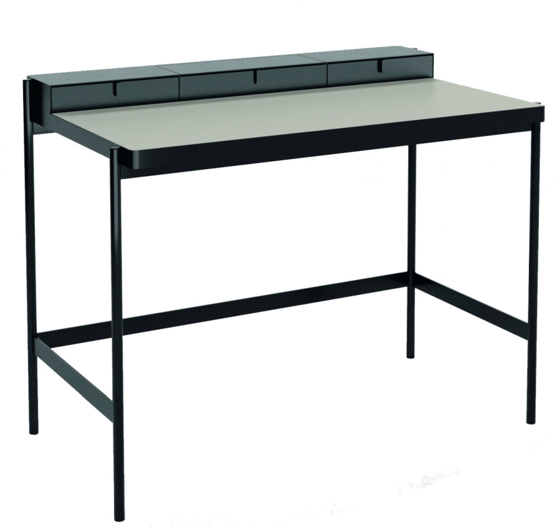 PS20 Schreibtisch von Müller Möbelfabrikation: Moderner Schreibtisch mit schwarzem Gestell und hellgrauer Tischplatte.